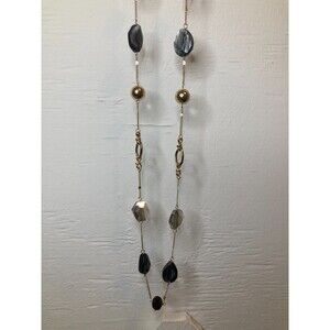 THE LIMITED Acrylic Stone Shaped Black Grey & Gold Tone Chain Station Necklace